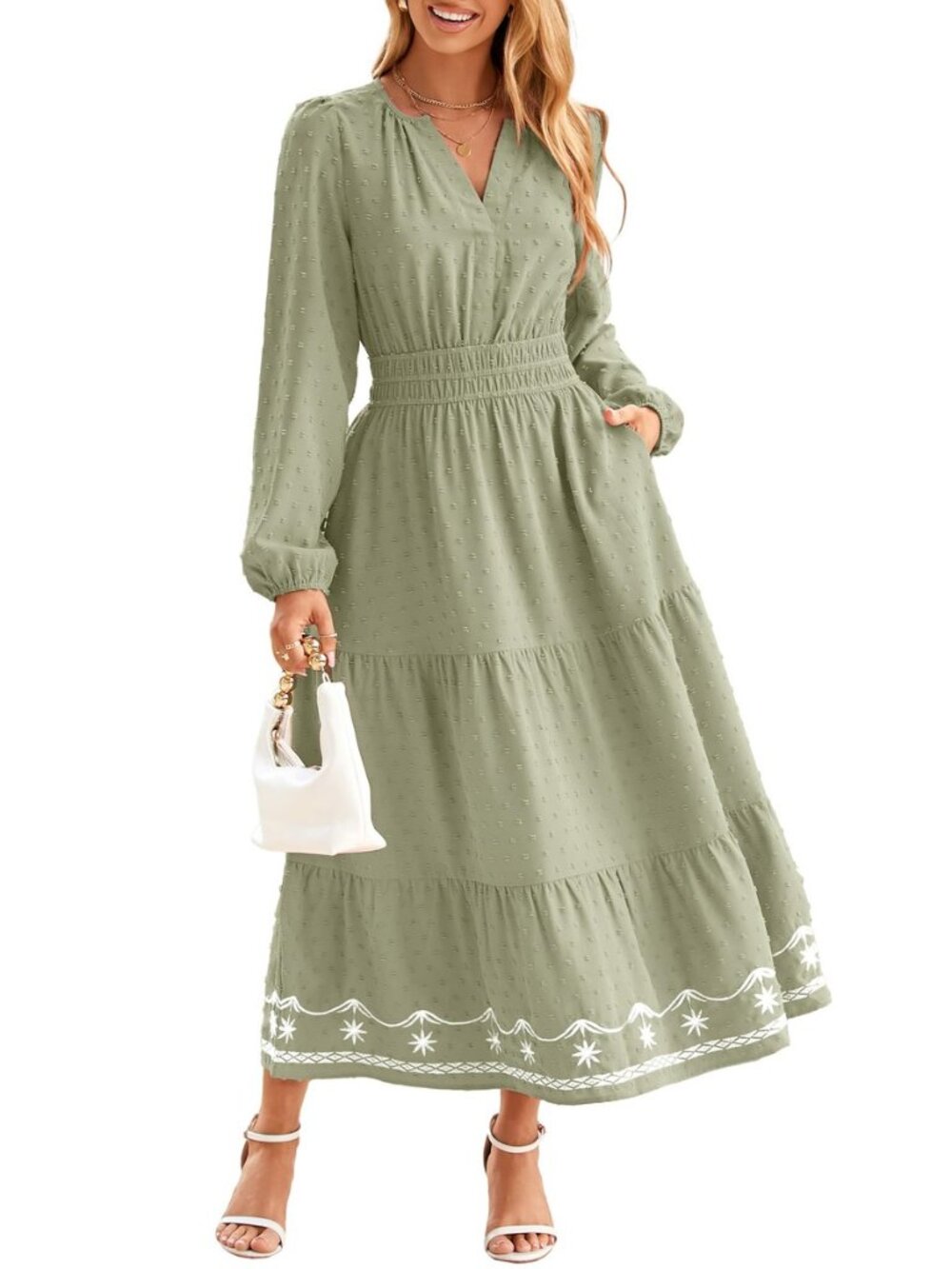 Women's Long Sleeve Fall Long Dress Swiss Dot Maxi Wedding Guest Dress Boho V